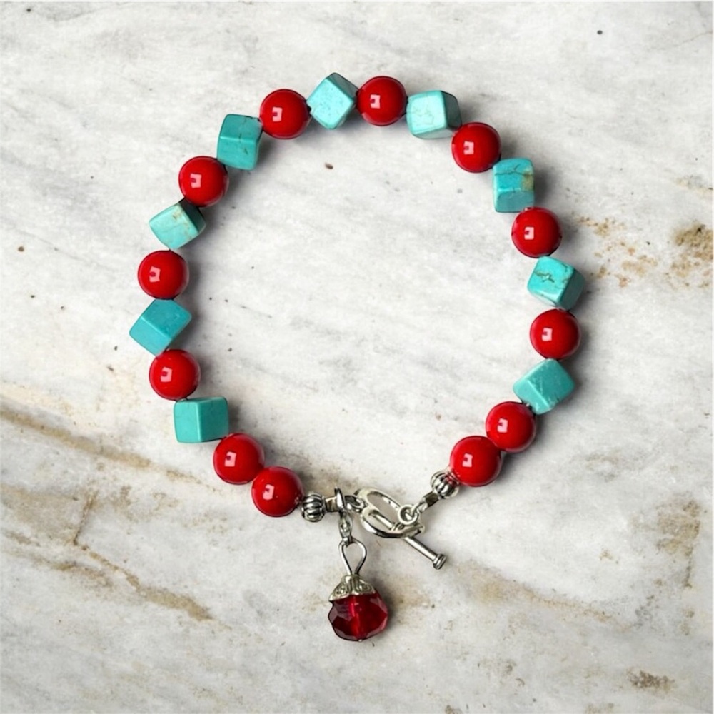 Turquoise & Red Coral Stone Bracelet